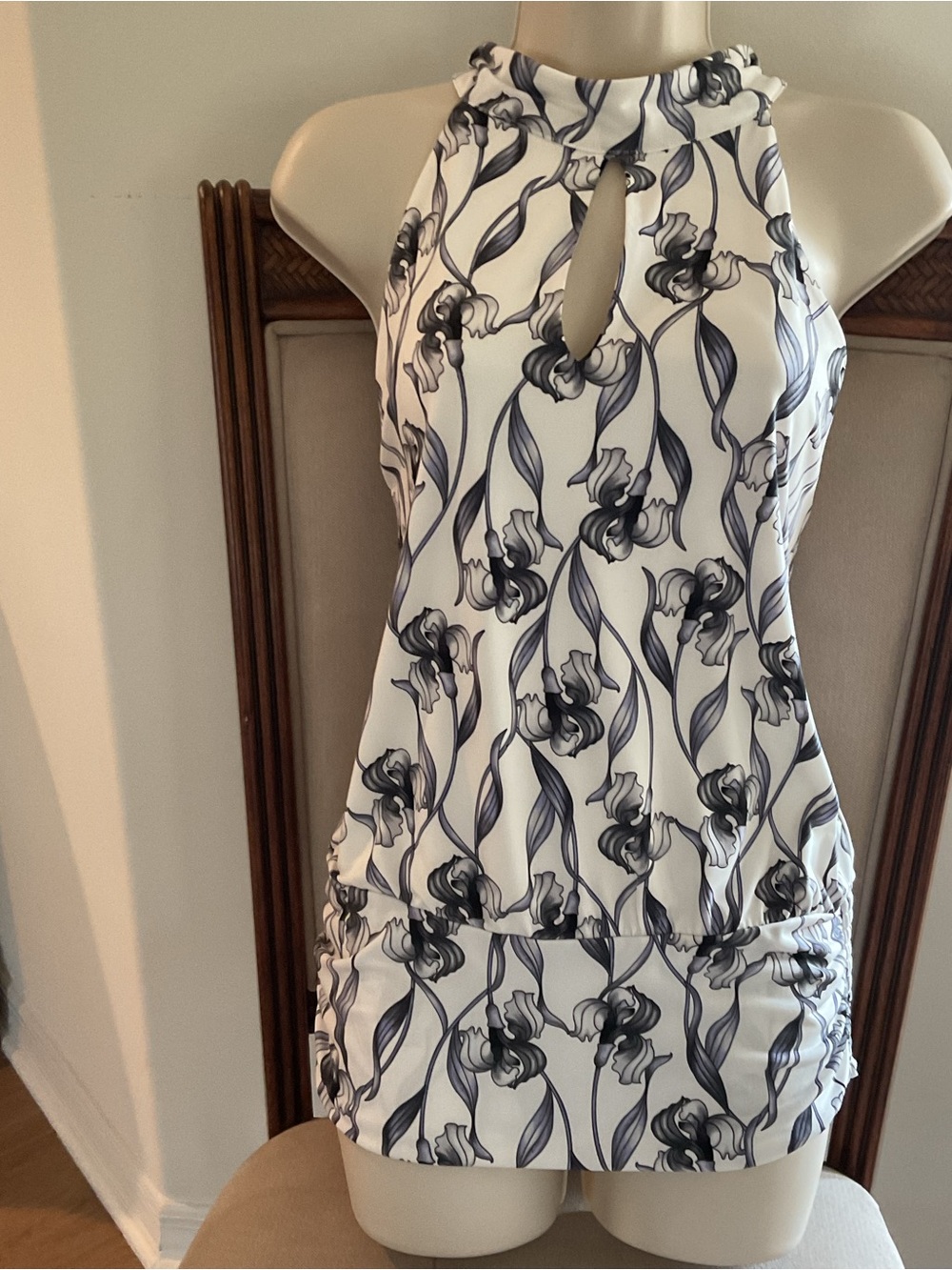 White House Black Market White and Black Floral Halter Top